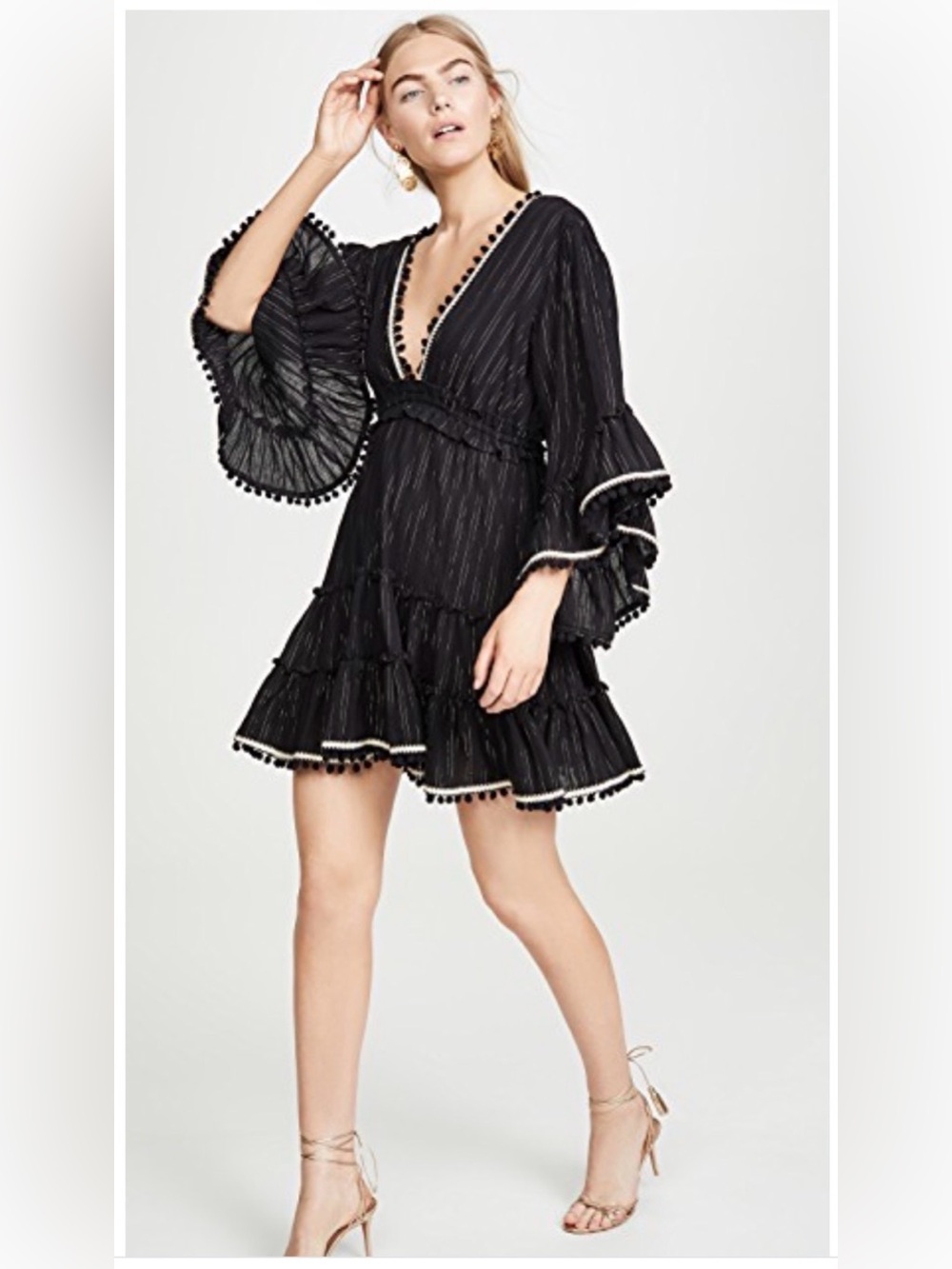 Misa Los Angeles Black Pom-Pom Trim V-Neck Ruffle Mini Dress